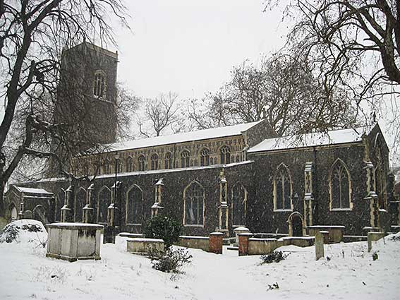Ipswich Historic Letering: St Clement Church in the snow 2018