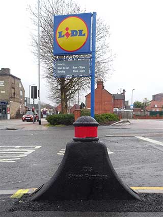 Ipswich Historic Lettering: bollard ourside Lidl